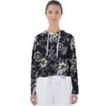 Black Background With Gray Flowers, Floral Black Texture Women s Slouchy Sweat