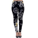 Black Background With Gray Flowers, Floral Black Texture Lightweight Velour Leggings