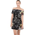 Black Background With Gray Flowers, Floral Black Texture Off Shoulder Chiffon Dress