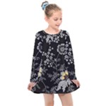 Black Background With Gray Flowers, Floral Black Texture Kids  Long Sleeve Dress