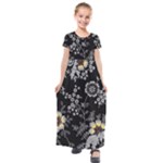 Black Background With Gray Flowers, Floral Black Texture Kids  Short Sleeve Maxi Dress