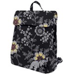 Black Background With Gray Flowers, Floral Black Texture Flap Top Backpack