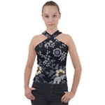 Black Background With Gray Flowers, Floral Black Texture Cross Neck Velour Top