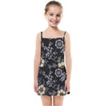 Black Background With Gray Flowers, Floral Black Texture Kids  Summer Sun Dress