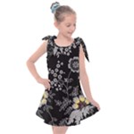 Black Background With Gray Flowers, Floral Black Texture Kids  Tie Up Tunic Dress