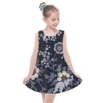 Black Background With Gray Flowers, Floral Black Texture Kids  Summer Dress