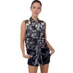 Black Background With Gray Flowers, Floral Black Texture Sleeveless Chiffon Button Shirt