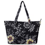 Black Background With Gray Flowers, Floral Black Texture Full Print Shoulder Bag