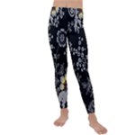 Black Background With Gray Flowers, Floral Black Texture Kids  Lightweight Velour Leggings