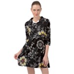 Black Background With Gray Flowers, Floral Black Texture Mini Skater Shirt Dress