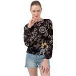 Black Background With Gray Flowers, Floral Black Texture Banded Bottom Chiffon Top