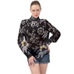 Black Background With Gray Flowers, Floral Black Texture High Neck Long Sleeve Chiffon Top