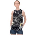 Black Background With Gray Flowers, Floral Black Texture High Neck Satin Top