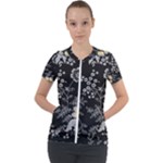 Black Background With Gray Flowers, Floral Black Texture Short Sleeve Zip Up Jacket