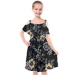 Black Background With Gray Flowers, Floral Black Texture Kids  Cut Out Shoulders Chiffon Dress