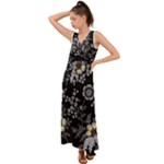 Black Background With Gray Flowers, Floral Black Texture V-Neck Chiffon Maxi Dress