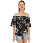 Black Background With Gray Flowers, Floral Black Texture Off Shoulder Short Sleeve Top