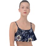 Black Background With Gray Flowers, Floral Black Texture Frill Bikini Top