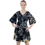 Black Background With Gray Flowers, Floral Black Texture Boho Button Up Dress