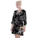Black Background With Gray Flowers, Floral Black Texture Open Neck Shift Dress