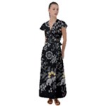Black Background With Gray Flowers, Floral Black Texture Flutter Sleeve Maxi Dress