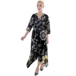 Black Background With Gray Flowers, Floral Black Texture Quarter Sleeve Wrap Front Maxi Dress