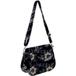 Black Background With Gray Flowers, Floral Black Texture Saddle Handbag
