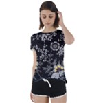 Black Background With Gray Flowers, Floral Black Texture Short Sleeve Open Back T-Shirt