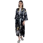 Black Background With Gray Flowers, Floral Black Texture Maxi Satin Kimono