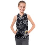 Black Background With Gray Flowers, Floral Black Texture Kids  Sleeveless Hoodie