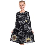 Black Background With Gray Flowers, Floral Black Texture Kids  Midi Sailor Dress