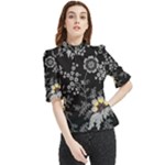 Black Background With Gray Flowers, Floral Black Texture Frill Neck Blouse