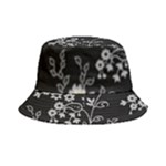 Black Background With Gray Flowers, Floral Black Texture Bucket Hat