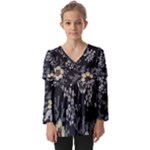 Black Background With Gray Flowers, Floral Black Texture Kids  V Neck Casual Top