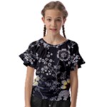 Black Background With Gray Flowers, Floral Black Texture Kids  Cut Out Flutter Sleeves