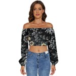 Black Background With Gray Flowers, Floral Black Texture Long Sleeve Crinkled Weave Crop Top