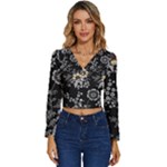 Black Background With Gray Flowers, Floral Black Texture Long Sleeve V-Neck Top