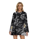 Black Background With Gray Flowers, Floral Black Texture Round Neck Long Sleeve Bohemian Style Chiffon Mini Dress