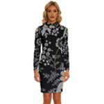 Black Background With Gray Flowers, Floral Black Texture Long Sleeve Shirt Collar Bodycon Dress