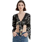 Black Background With Gray Flowers, Floral Black Texture Trumpet Sleeve Cropped Top
