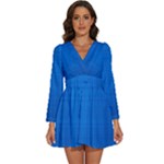 Blue Abstract, Background Pattern Long Sleeve V-Neck Chiffon Dress 