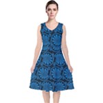 Blue Floral Pattern Floral Greek Ornaments V-Neck Midi Sleeveless Dress 