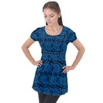Blue Floral Pattern Floral Greek Ornaments Puff Sleeve Tunic Top