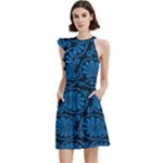 Blue Floral Pattern Floral Greek Ornaments Cocktail Party Halter Sleeveless Dress With Pockets