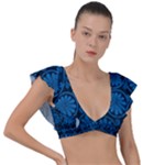 Blue Floral Pattern Floral Greek Ornaments Plunge Frill Sleeve Bikini Top