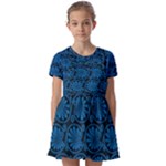 Blue Floral Pattern Floral Greek Ornaments Kids  Short Sleeve Pinafore Style Dress