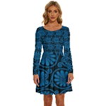 Blue Floral Pattern Floral Greek Ornaments Long Sleeve Wide Neck Velvet Dress