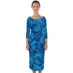 Blue Floral Pattern Texture, Floral Ornaments Texture Quarter Sleeve Midi Bodycon Dress