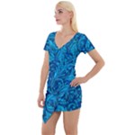 Blue Floral Pattern Texture, Floral Ornaments Texture Short Sleeve Asymmetric Mini Dress