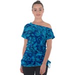 Blue Floral Pattern Texture, Floral Ornaments Texture Off Shoulder Tie-Up T-Shirt